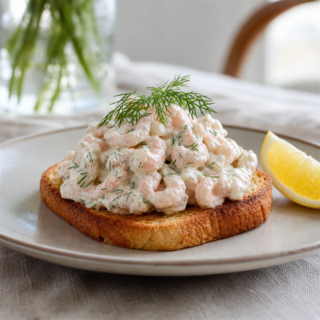 Skagen shrimp salad on toast