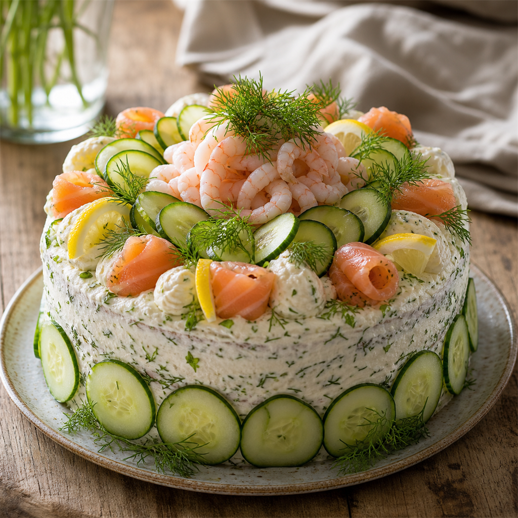 Swedish smörgåstårta with shrimp and salmon